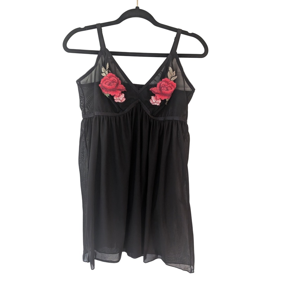 Torrid Babydoll Chemise Women 0 or L Black Rose Floral Embroidered Mesh Lingerie